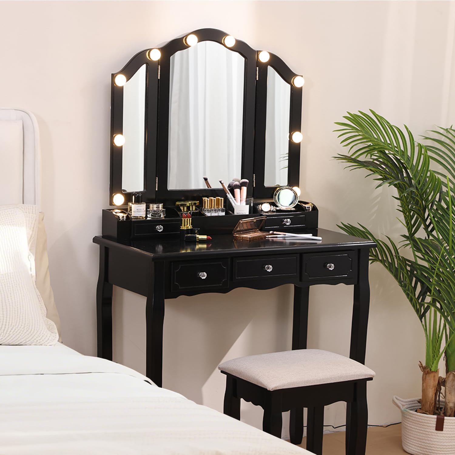 BLEXA Makeup Table Set Desk&Stool, Vanity Desk with Lights and Mirror Vanity Table Set with 5 Drawers, 3Light Settings Adjustable Brightness for Bedroom Dorm and Dressingroom(Black)