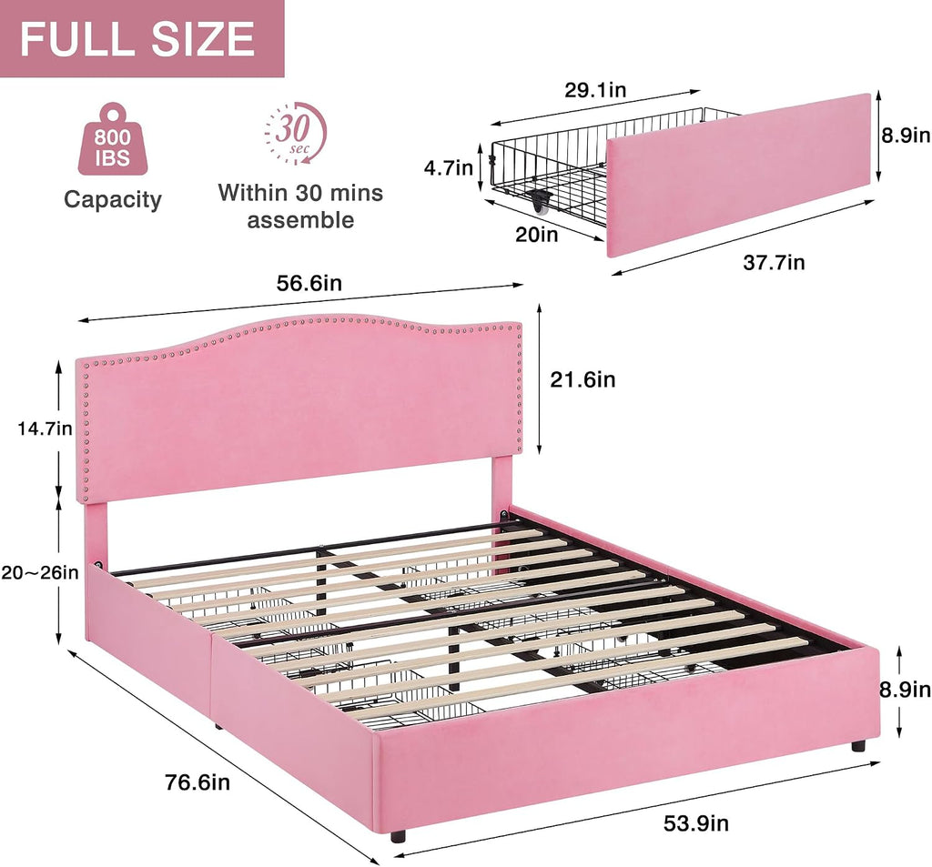 VECELO Queen Bed Frame Platform Bed Frame with Upholstered Headboard, 4 Storage Drawers, Strong Frame and Heavy-Duty Slats Support, Non-Slip and Noise-Free, Easy Assembly,Pink