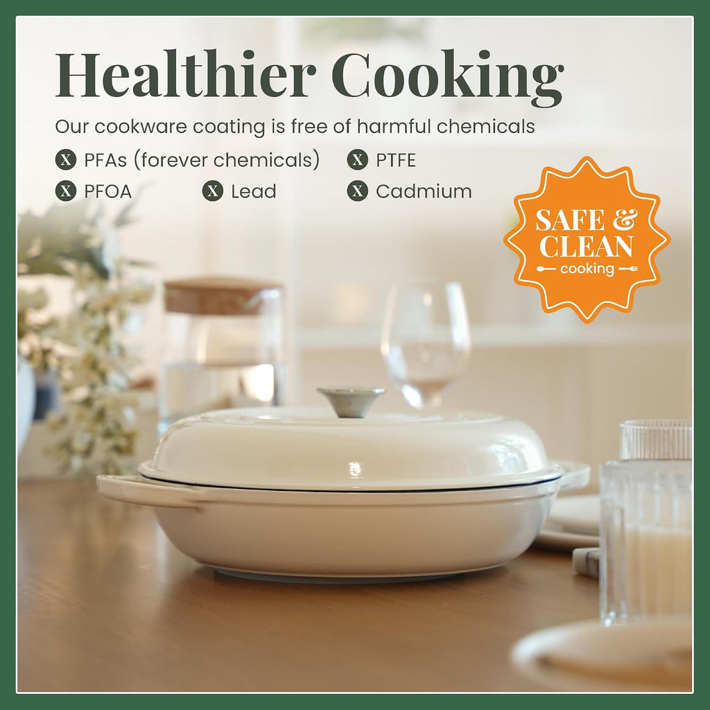 Larder & Vine Enameled Cast Iron Braiser | 3.6 qt Braiser Pan with Lid | Shallow Dutch Oven Compatible on All Cooktops | Casserole Dish Oven Safe to 500° F | Dual Handles | White