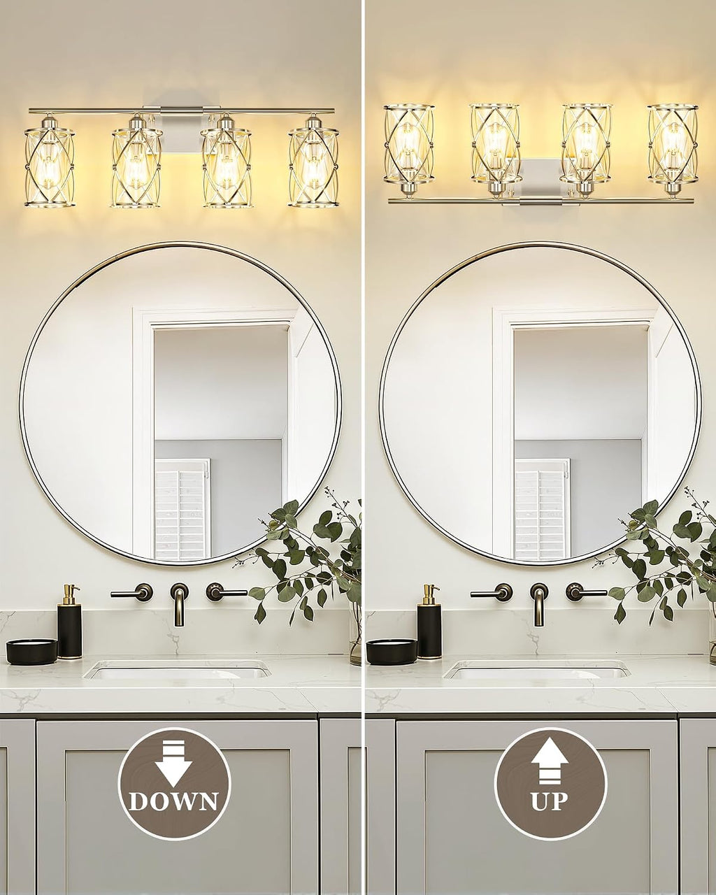 4-Light Brushed Nickel Bathroom Light Fixtures, 29 Inch Modern Bathroom Vanity Lighting Fixtures Over Mirror with Clear Glass and Metal Cage Wall Sconce Lights for Bath, E26, CH9176BN-4W