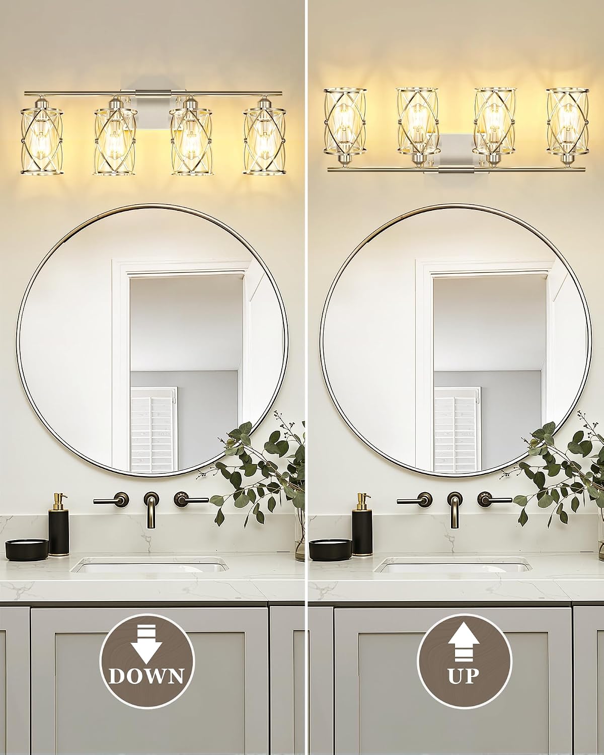 4-Light Brushed Nickel Bathroom Light Fixtures, 29 Inch Modern Bathroom Vanity Lighting Fixtures Over Mirror with Clear Glass and Metal Cage Wall Sconce Lights for Bath, E26, CH9176BN-4W