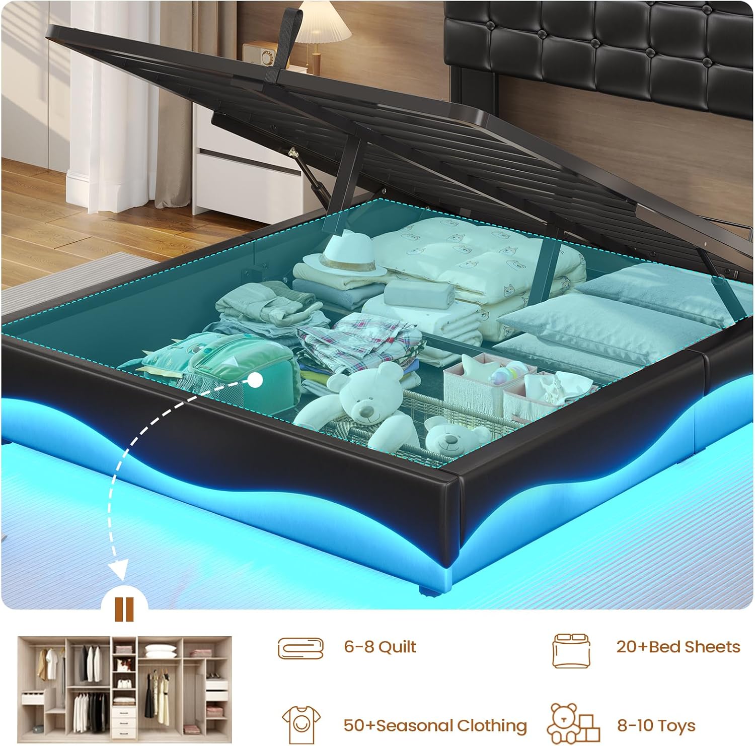 BTHFST Bed Frame Twin Size with Lift Up Storage, Power Outlet & RGB Lights, Upholastered Storage Headboard, Twin Bed with Heavy Duty Steel Slats, No Box Spring Needed, PU Black