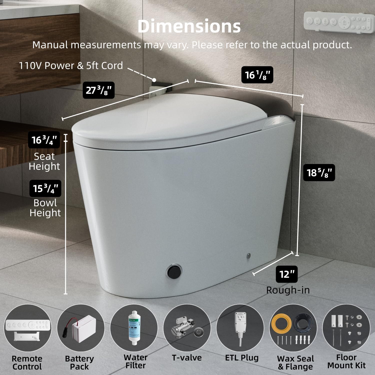 E5 Smart Toilet with Built-In Water Tank, Auto Open/Close Lid, Bidet Toilet with Multiple Wash Modes, Instant Warm Water, Heated Seat, Warm Air Dryer, UV Nozzle Light, Deodorizer, Remote