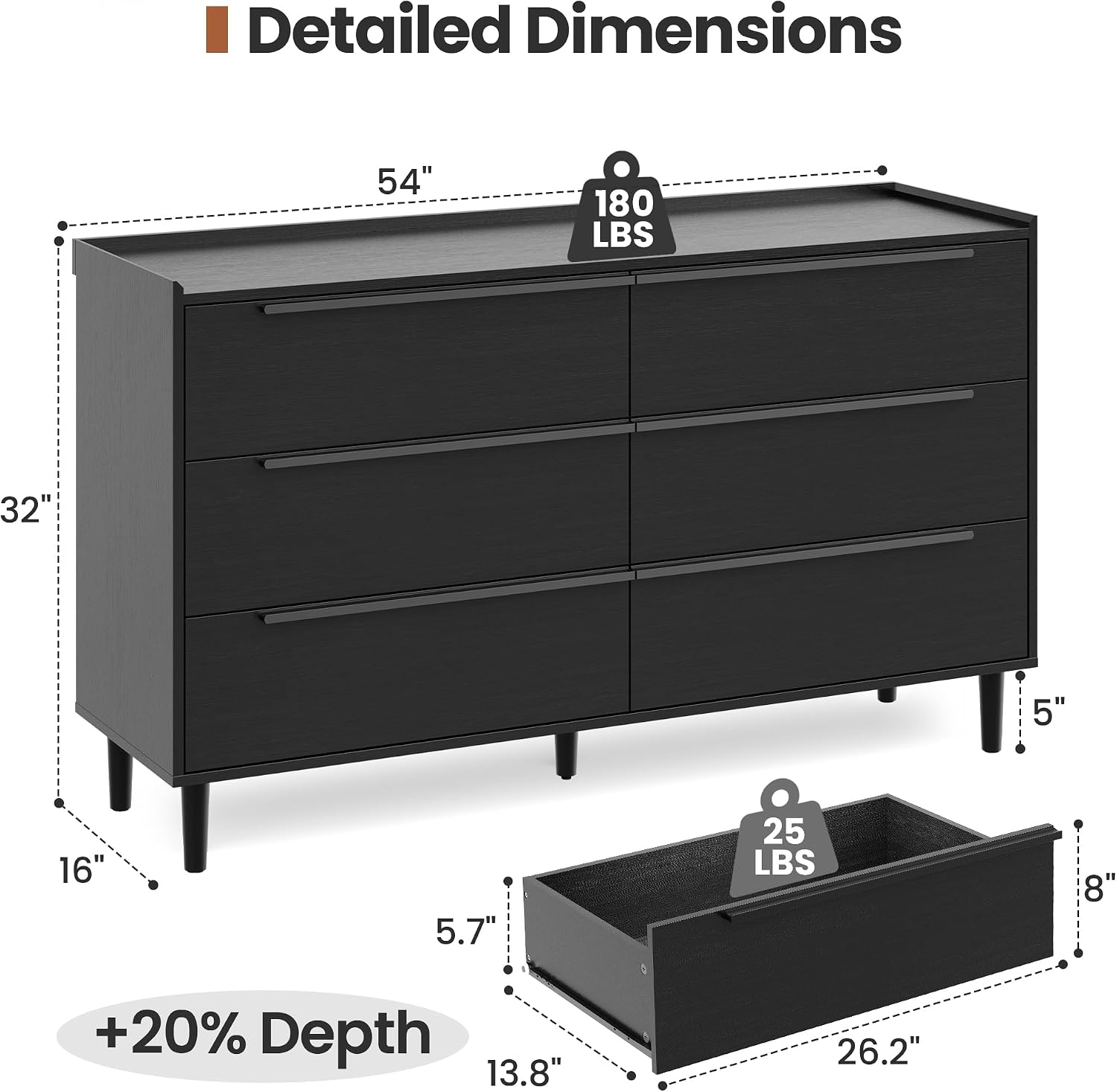 54' Wide Black 6 Drawer Dresser for Bedroom, Modern Wood Double Dresser with Raised-Edge Gallery Top, Metal Handles, Tapered Legs, Wide Chest of Drawers, Black Oak