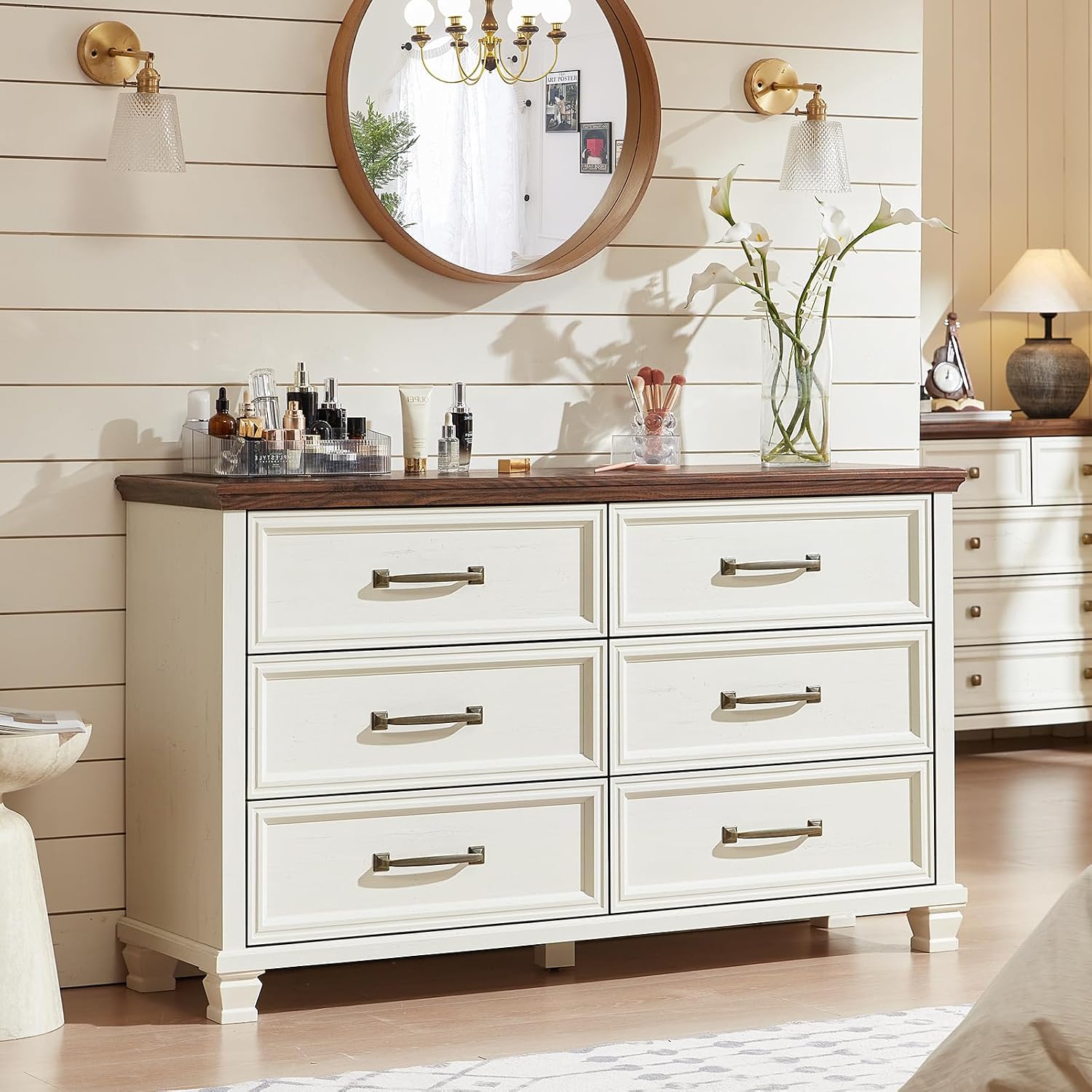 SAVOR LIFE Farmhouse Dresser and Nightstand Sets of 3 Piece, 6 Drawer Dresser and 2 Drawer Nightstand Set, Rustic Wood Bedroom Furniture Set for Home,Hallway,White