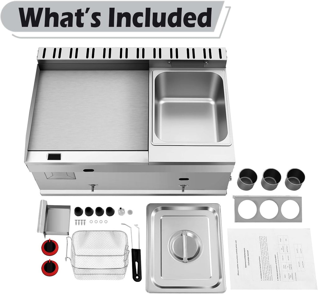 2-in-1 Commercial Propane Deep Fryer with Griddle, 6.34QT Stainless Steel Gas Propane Flat Top Grill Griddle with Removable Basket Countertop Fryer with Temperature Control for Restaurant Home Kitchen