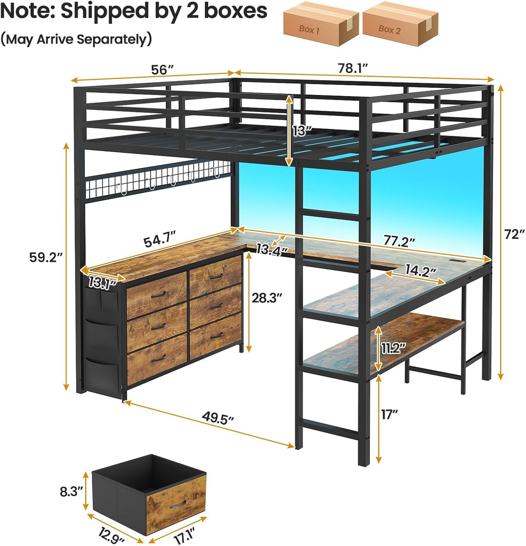 ADORNEVE Loft Bed Full Size with U-Shaped Desk, 6 Storage Drawers, Power Outlet, LED Metal Loft Bed with 2 Storage Shelves, Bed with Safety Guardrail & Ladders, No Box Spring Needed, Rustic Brown