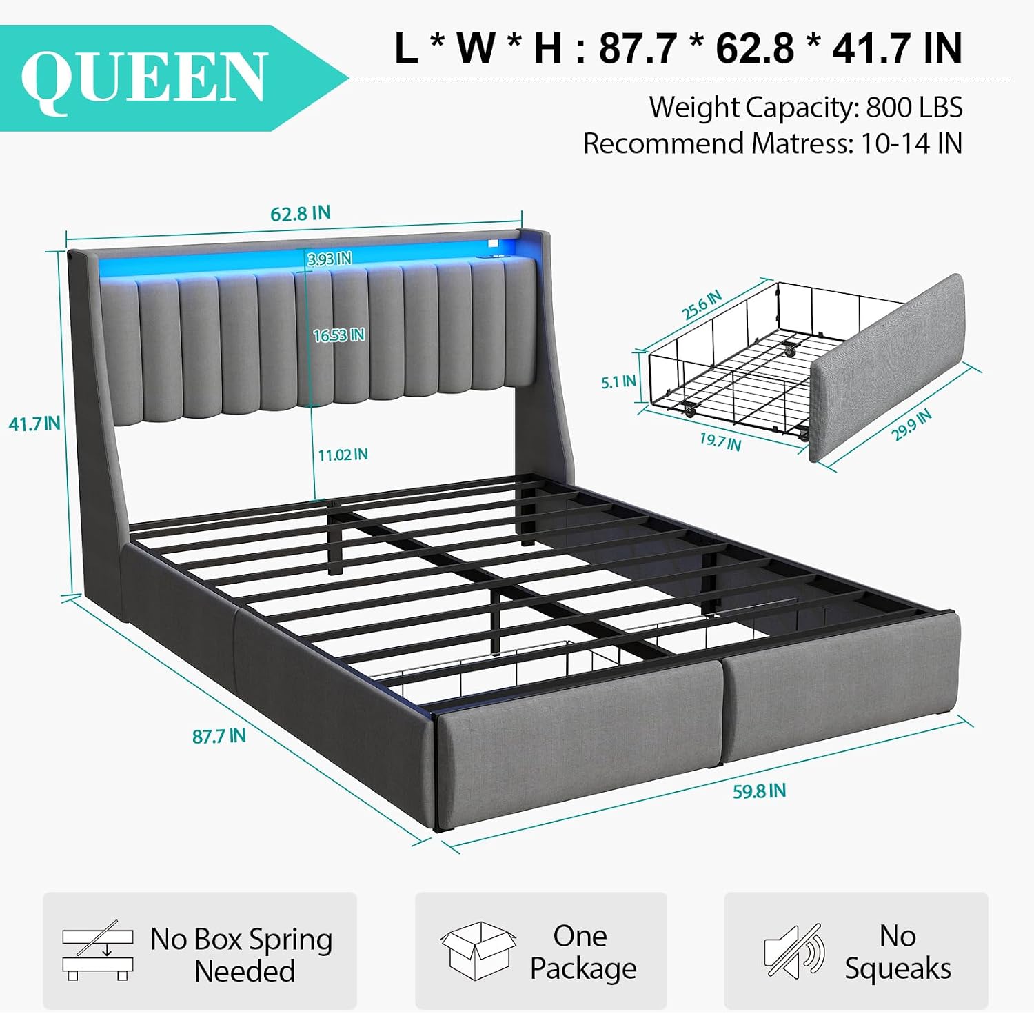 Queen Bed Frame with 2 Storage Drawers, Platform Bed Frame Queen Size with LED Light, Upholstered Headboard, Charging Station, Steel Slat Support, No Box Spring Needed, Noise-Free, Easy Assembly, Gray