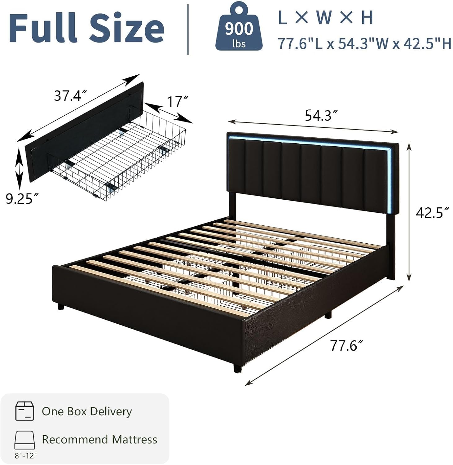 IMMERSTABLE Full Size Bed Frame with Headboard and 4 Storage Drawers, Faux Leather Upholstered Platform Bed with LED Lights, Metal and Wood Slats, No Box Spring Needed, Easy Assembly, Black