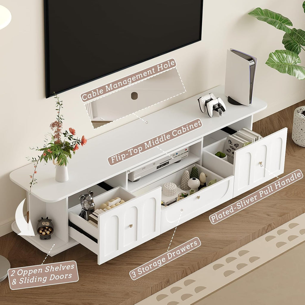 White Tv Stand for Living Room, 70in Media Console with Storage & 3 Drawers & 2 Open Shelves with Sliding Doors, Modern Entertainment Center with Cable Management for Bedroom