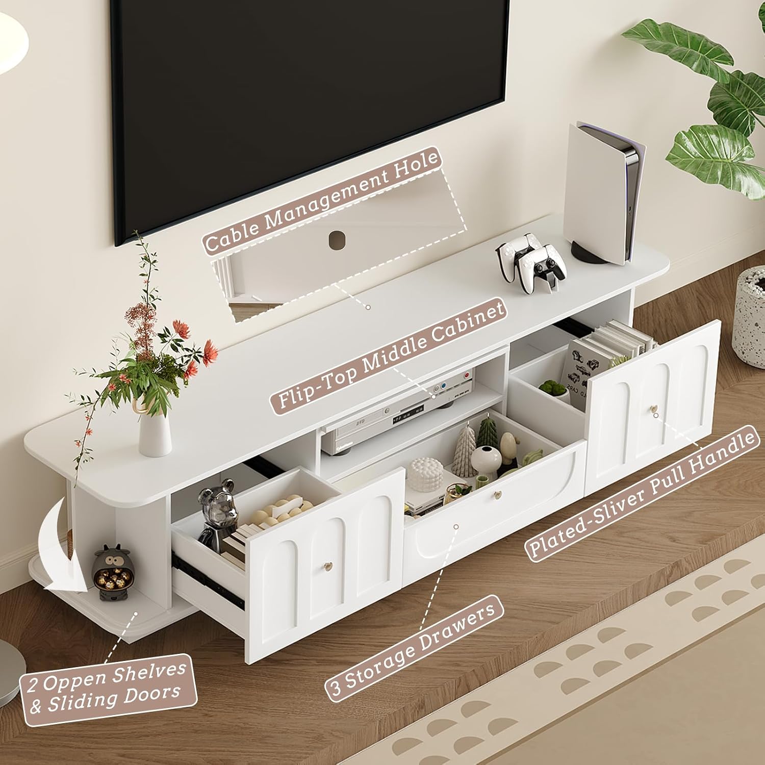 White Tv Stand for Living Room, 70in Media Console with Storage & 3 Drawers & 2 Open Shelves with Sliding Doors, Modern Entertainment Center with Cable Management for Bedroom