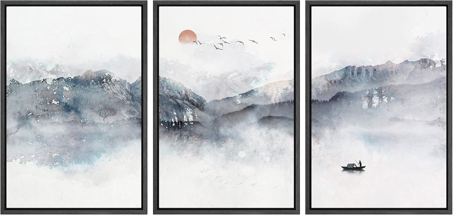 NWT Framed Canvas Print Wall Art Set Watercolor Pastel Mountain Ocean Boat Landscape Abstract Shapes Illustrations Decorative Calm/Zen Multicolor for Living Room, Bedroom, Office - 16'x24'x3 Black