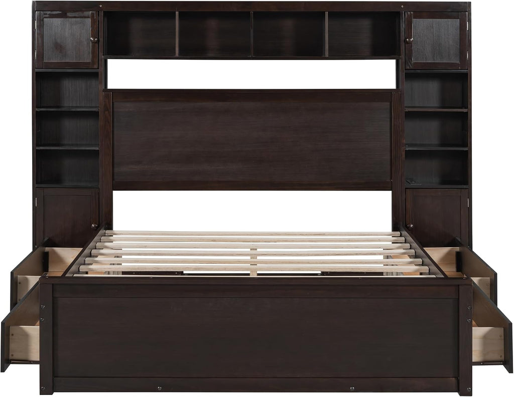 MERITLINE Queen Platform Bed with Storage Headboard,Drawers and Charging Station,Solid Wood Queen Bed Frame with Storage Cabinet and Shelves for Adults (Espresso)