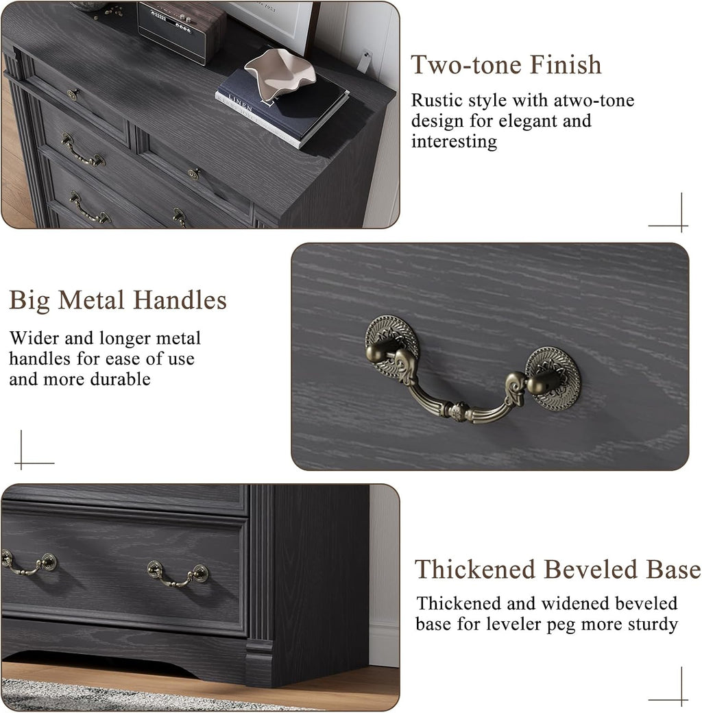 Bedroom Sets 3 Pieces, Farmhouse 6 Drawer Dresser and Nightstand Sets, Wood Bedroom Furniture Set for Bedroom, Living Room, Grey