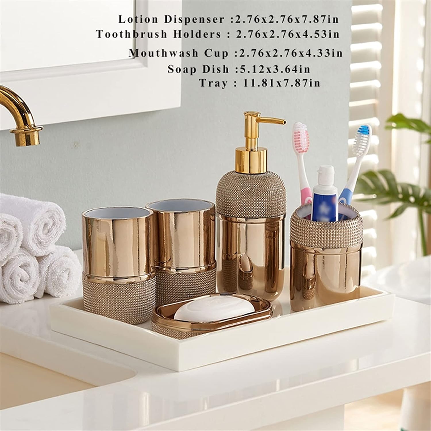 Soap Dispenser Gold Bathroom Accessories Set 6 Piece Resin Bath Accessory Sets Complete Soap Dispenser Toothbrush Holders Tumbler Soap Dish and Ceramic Tray Liquid Dispenser for Bathroom(Gold)