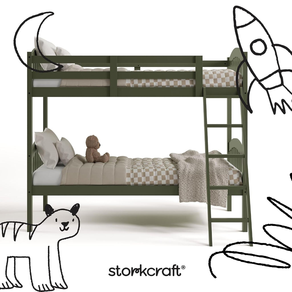 Storkcraft Long Horn Twin-Over-Twin Bunk Bed (Olive) - GREENGUARD Gold Certified, Converts to Two Twin Beds, Wood Bunk Bed for Kids Bedroom
