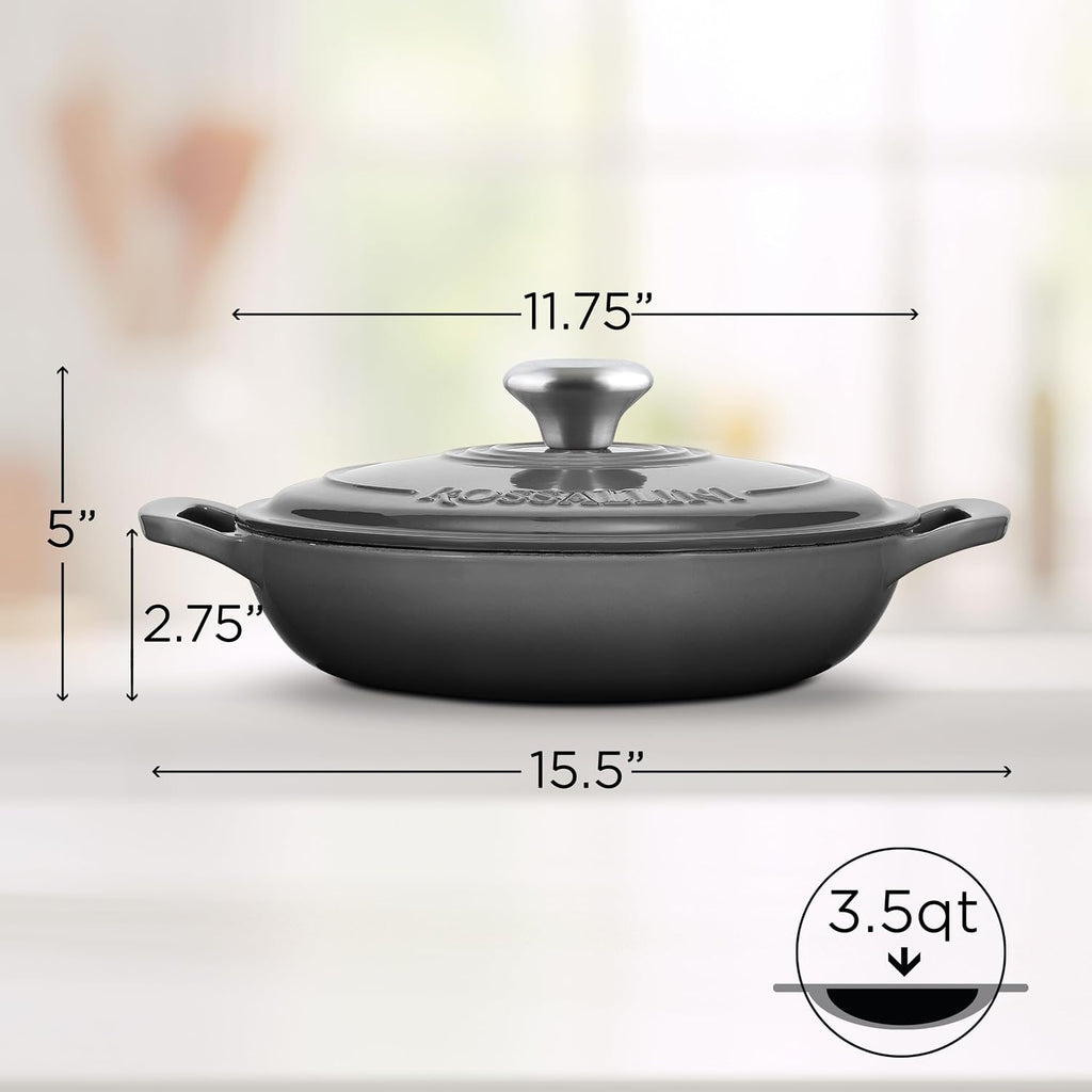 ROSSALLINI Signature Enameled Cast Iron Braiser, Non-Stick Serving Pot with Tight Fitting Lid for Perfect Roasting, Baking, Sauteing, Searing, and Pan Frying | 3.5Q (3.3L) - Oyster Grey
