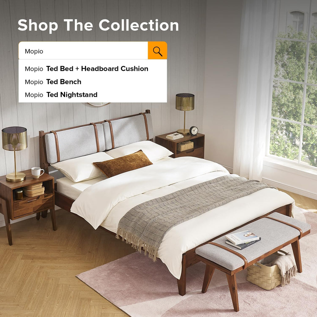mopio Ted Bed Frame with Headboard, Mid Century Modern Acacia Solid Wood Platform Bed Frame, Wooden Slats, No Box Spring, Double Metal Bar Support (Solid Wood Upholstered, Queen (U.S. Standard))