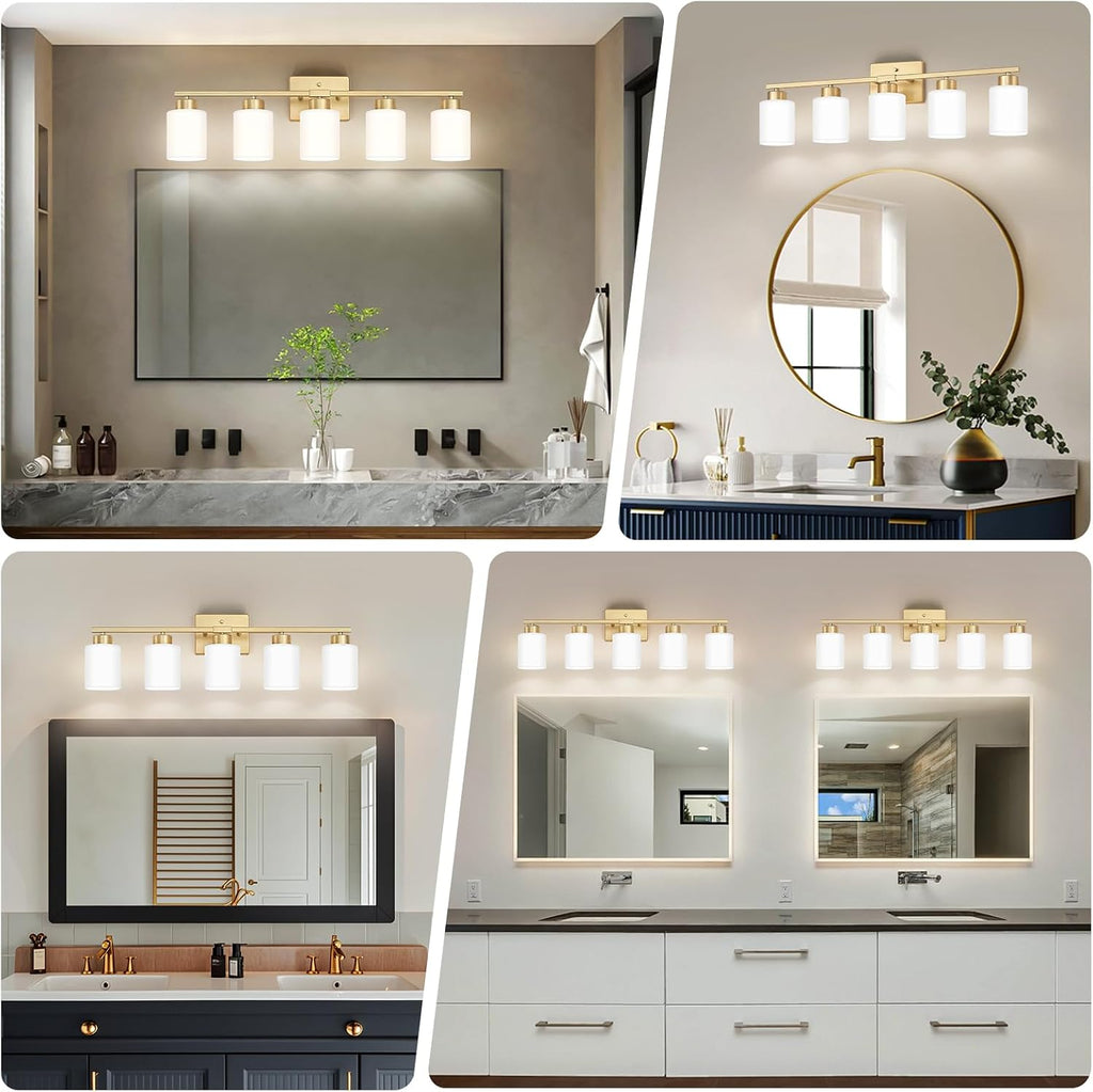 FonmYim Gold Bathroom Light Fixtures, 5-Light Modern Vanity Light Over Mirror, Wall Sconces with Milky White Frosted Glass Shades, E26 Socket (Bulbs Not Included)