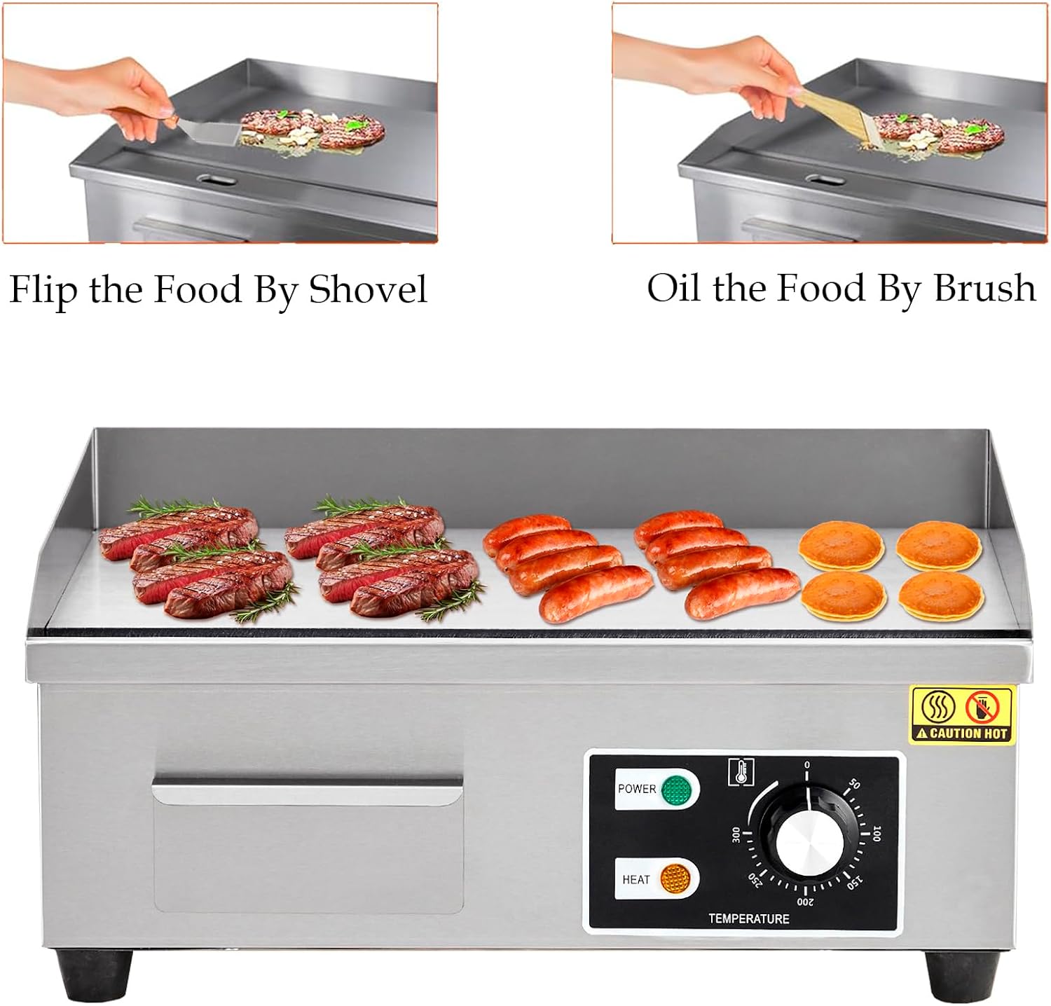 18' Commercial Electric Griddle, Flat Top Griddle With Shovels Brushes, Non-Stick Countertop Electric Griddle for Restaurants Food Trucks, 110V/1600W, Adjustable Temperature Control
