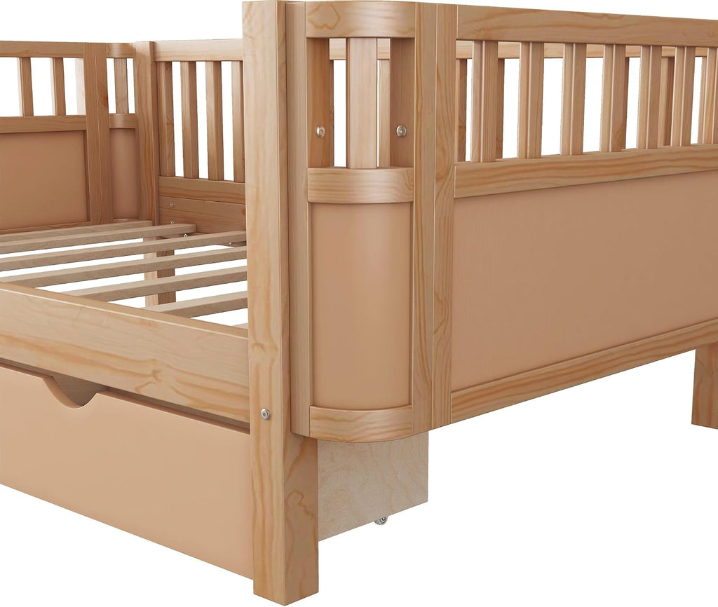 Harper & Bright Designs Twin Size Low Platform Bed Frame, Daybed with Fence and Drawers, Low Profile Bed for Kids Bed Room, Natural