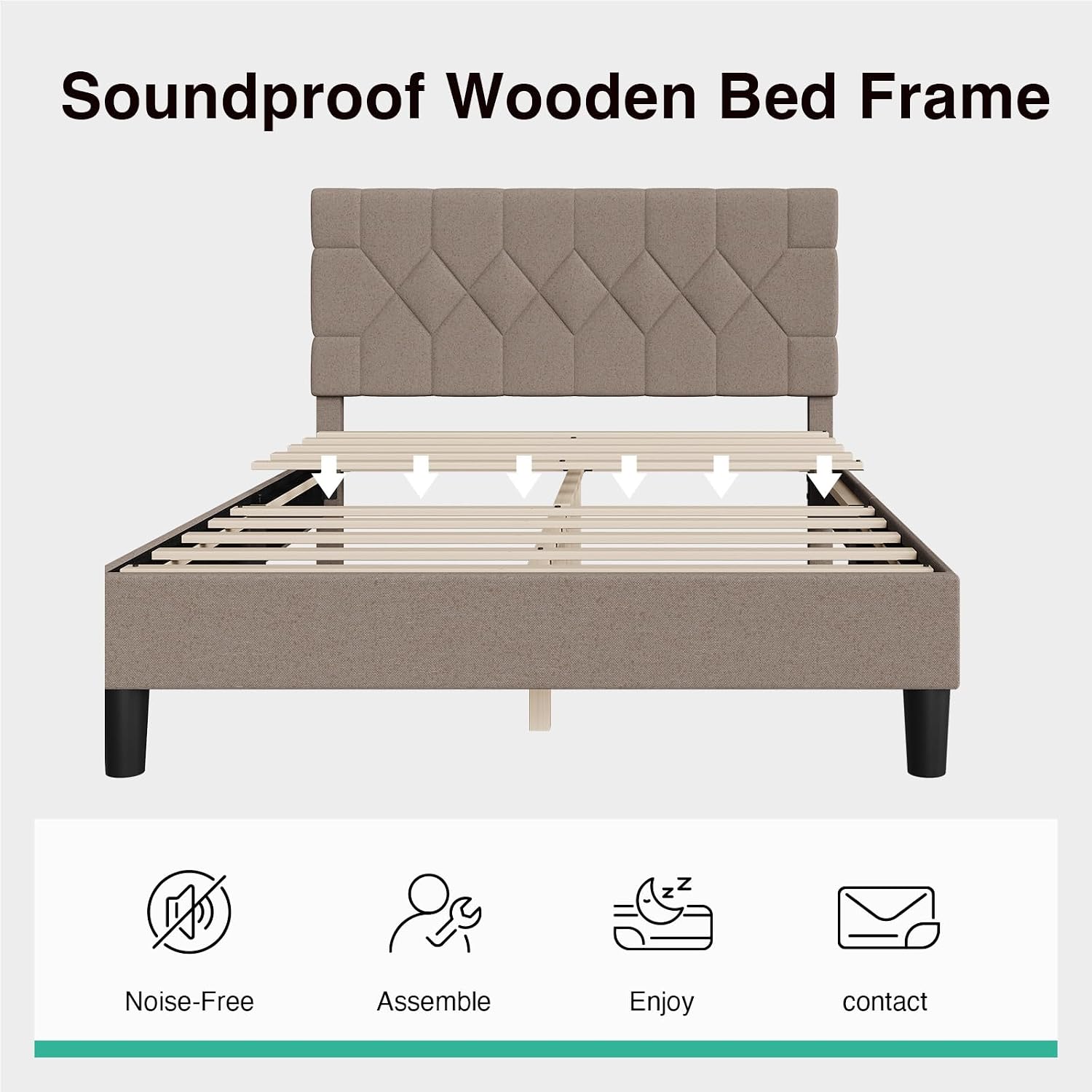 Novilla Queen Bed Frame with Headboard, Bed Frame Queen Size with Wood Slats Support, Linen Upholstered Pull-Point Headboard, No Box Spring Needed, Heavy Duty Feet, Easy Assembly, Beige