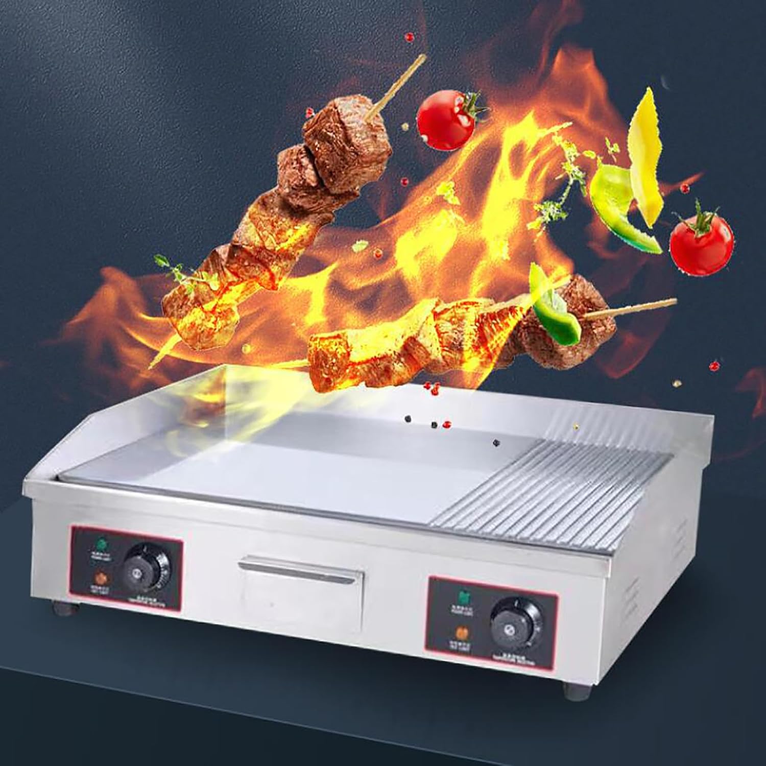 Electric Griddle 29 in Flat Top Grill Commercial Electric Griddles W Drip Hole Stainless Steel Flat Top Grill Hot Plate Adjustable Temperature Control 122-575℉ for Home