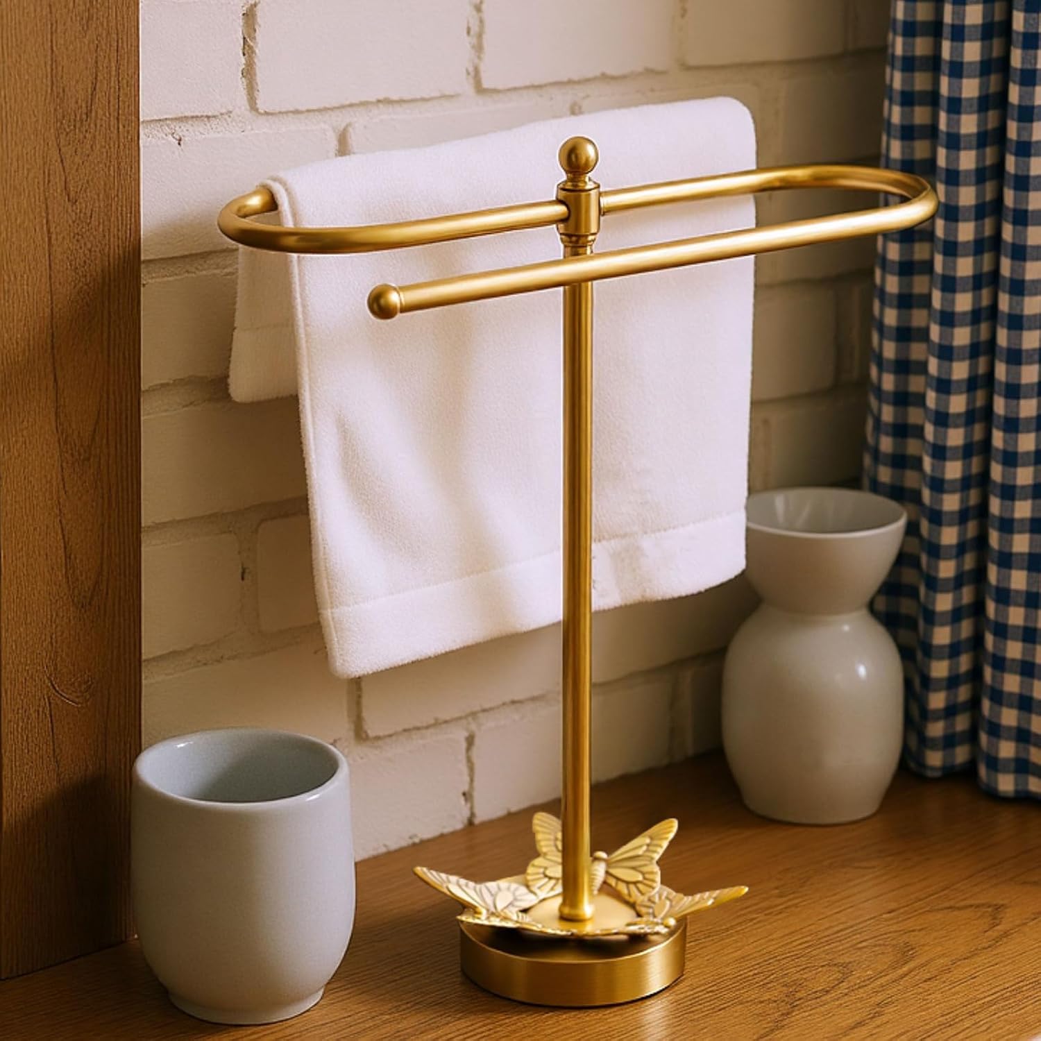 Brass Gold Freestanding Hand Towel Holder for Bathroom Countertop, Decorative Kitchen Towel Holder Stand (C)