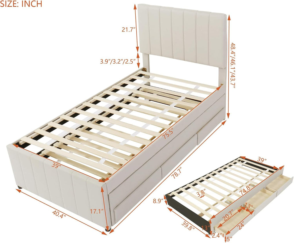 Merax Twin Size Upholstered Platform Bed with Trundle and 3 Storage Drawers, Twin Bed Frame & Tall Stripe Headboard for Bedroom, Solid Wood Slats Support, No Box Spring Needed, Easy Assembly, Beige