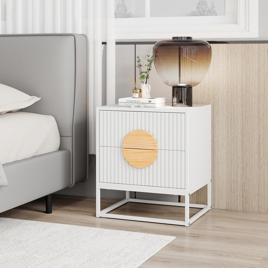 Giantex Fluted Nightstand with 2 Drawers Set of 2, White Wood Bedside Table with Natural Circle Handle & Metal Frame, Minimalist Accent End Table, Modern Mid Century Night Stand for Bedroom
