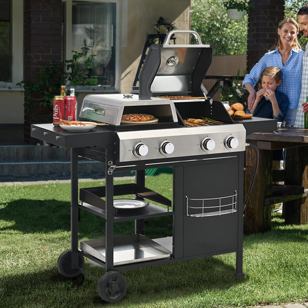 2+2 Multi function Burner Gas Grill and Griddle Combo with Cover for Outdoor Cooking While Camping or Tailgating BBQ,FRYING,PIZZA.