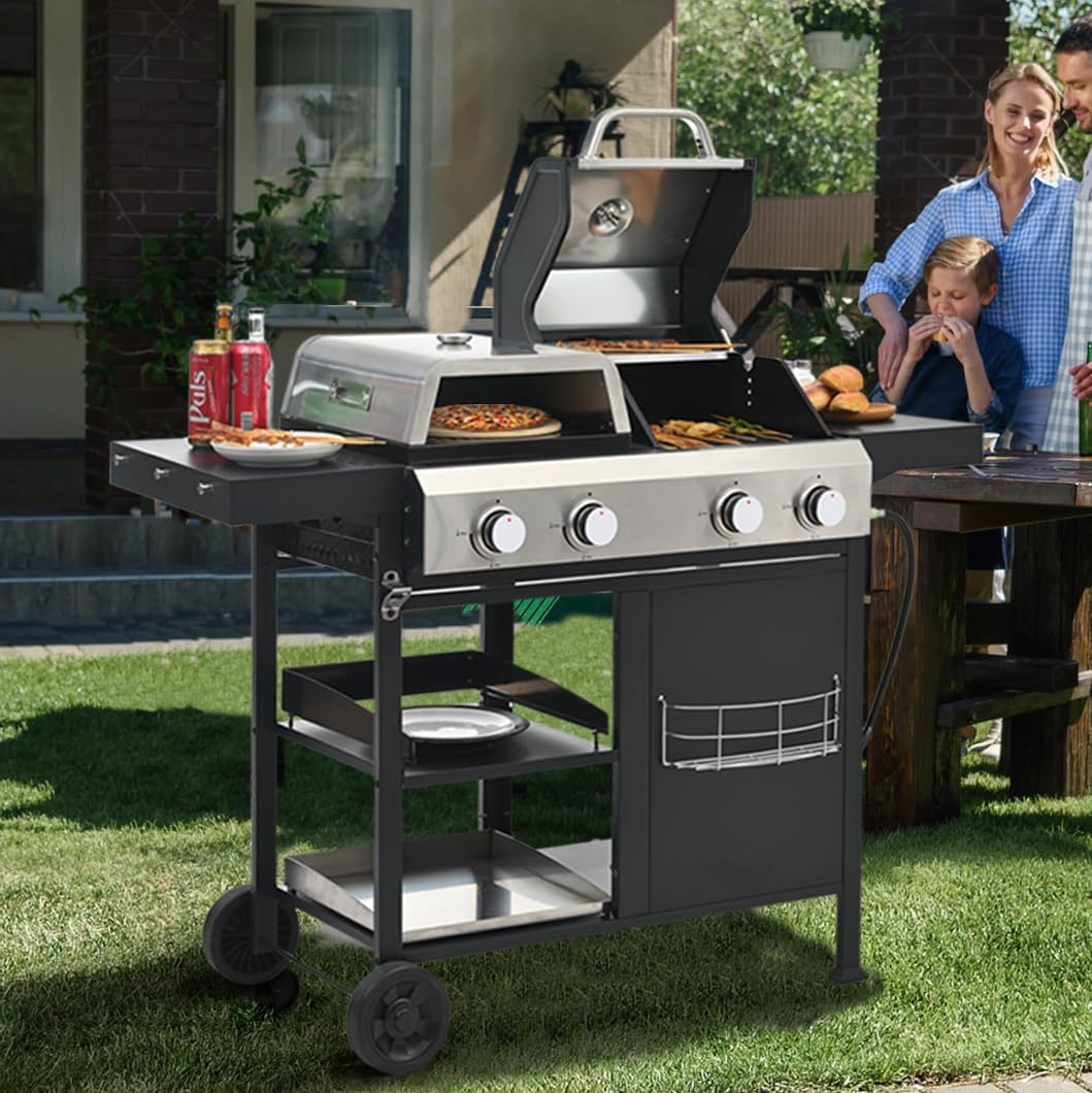 2+2 Multi function Burner Gas Grill and Griddle Combo with Cover for Outdoor Cooking While Camping or Tailgating BBQ,FRYING,PIZZA.