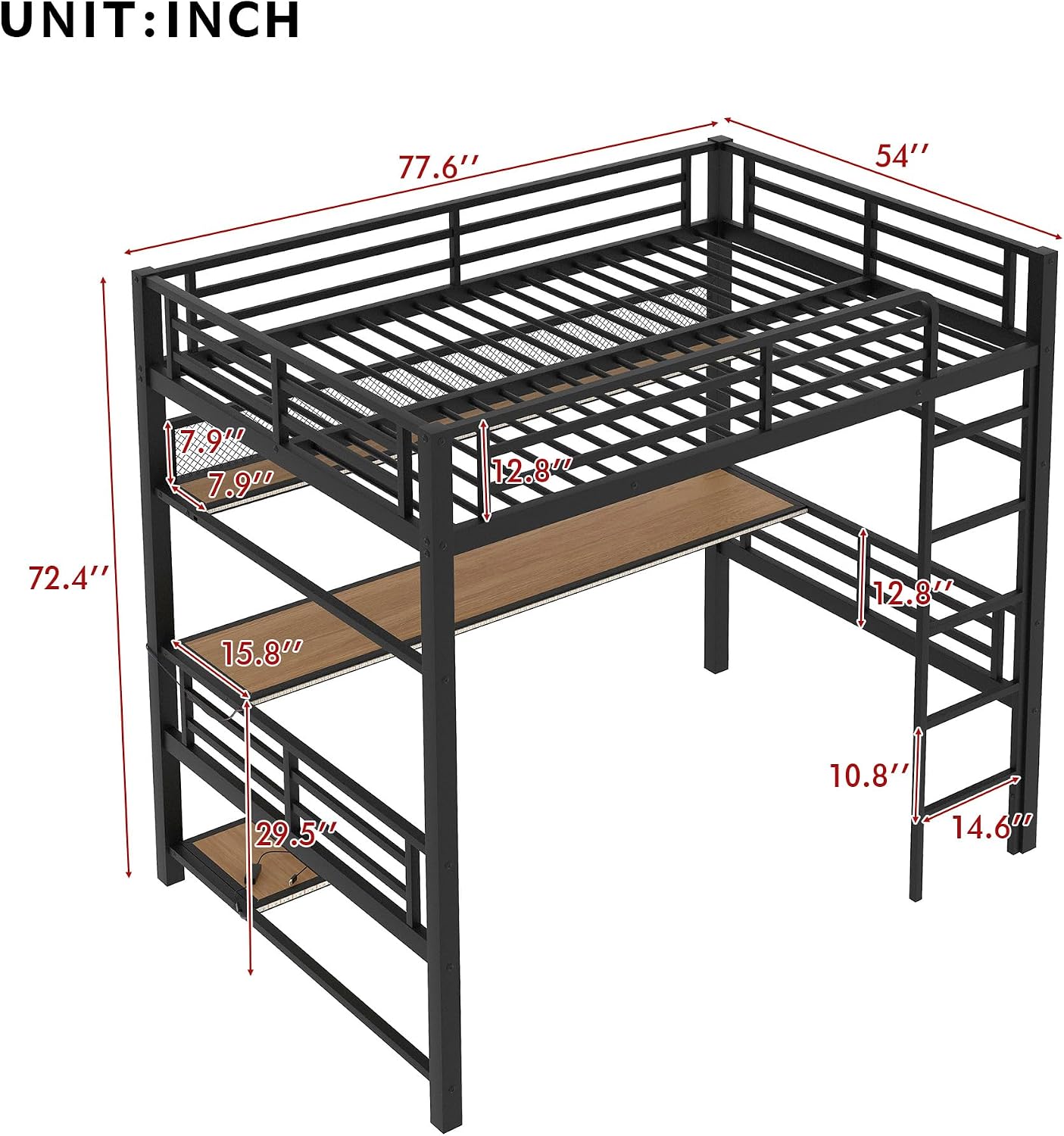 Ball & Cast Modern Full Size Loft Bed with Storage Shelve & LED Light,Metal Bedframe W/Built-in Desk & Computer Host Shelf,Space Saving,Child's and Adults' Bedroom Furniture for Studying Working,Black