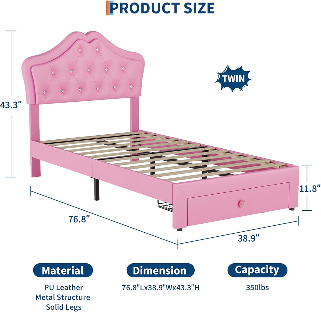 Garvee Twin Size Bed Frame with LED Lights & Velvet Crystal Button Headboard, Upholstered Princess/Girl Platform Bed with Storage Drawer, Noise Free, No Box Spring Needed for Kids, Teens, Pink