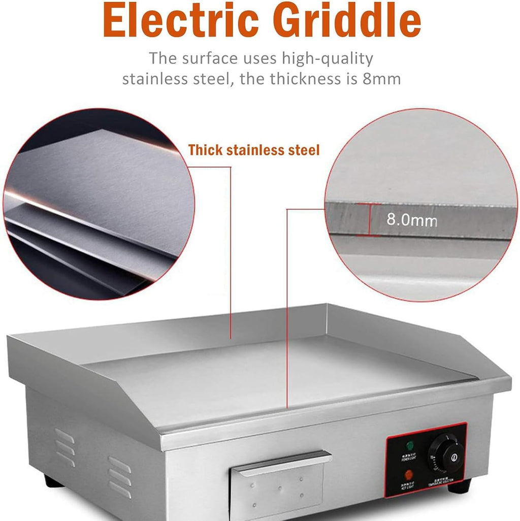 220V 3000W 21' Commercial Electric Countertop Griddle Flat Top Grill Hot Plate BBQ Adjustable Thermostatic Control 122°F-572°F Stainless Steel Restaurant Grill for Kitche