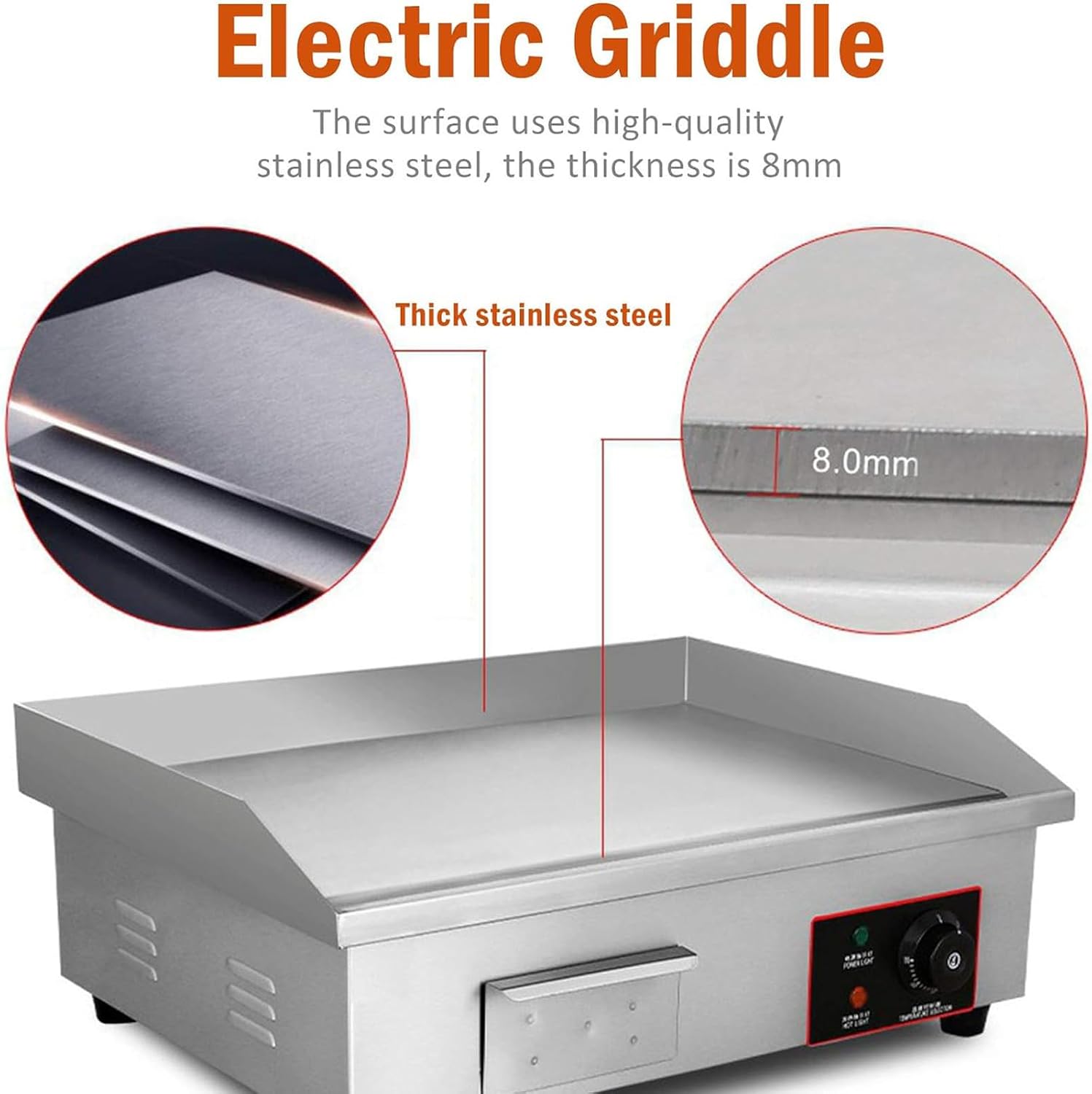 220V 3000W 21' Commercial Electric Countertop Griddle Flat Top Grill Hot Plate BBQ Adjustable Thermostatic Control 122°F-572°F Stainless Steel Restaurant Grill for Kitche