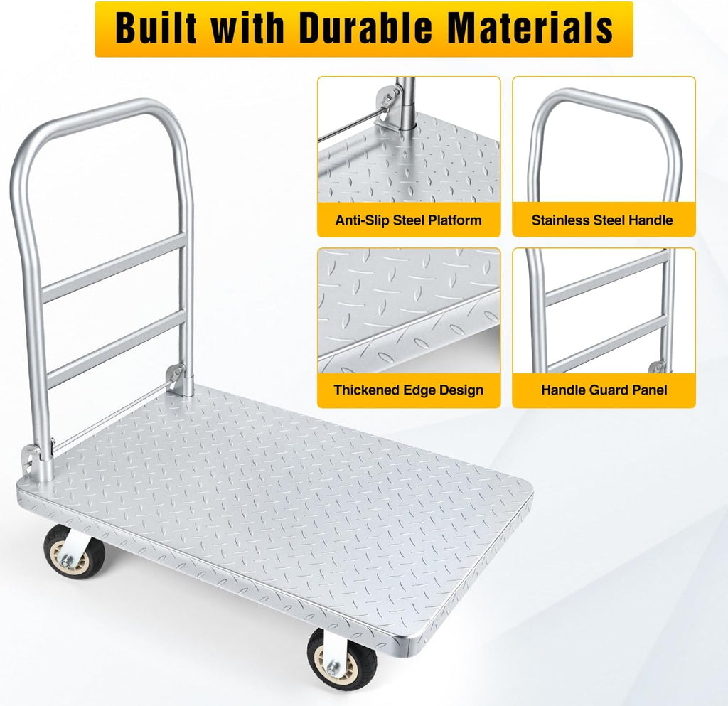 Stainless Steel Platform Cart, 1320 lbs Capacity Heavy Duty Push Cart Dolly with 5-Inch Rubber Silent Wheels, 35.4 x 23.6 Inch Flatbed Cart for Industrial & Warehouse Use, Black