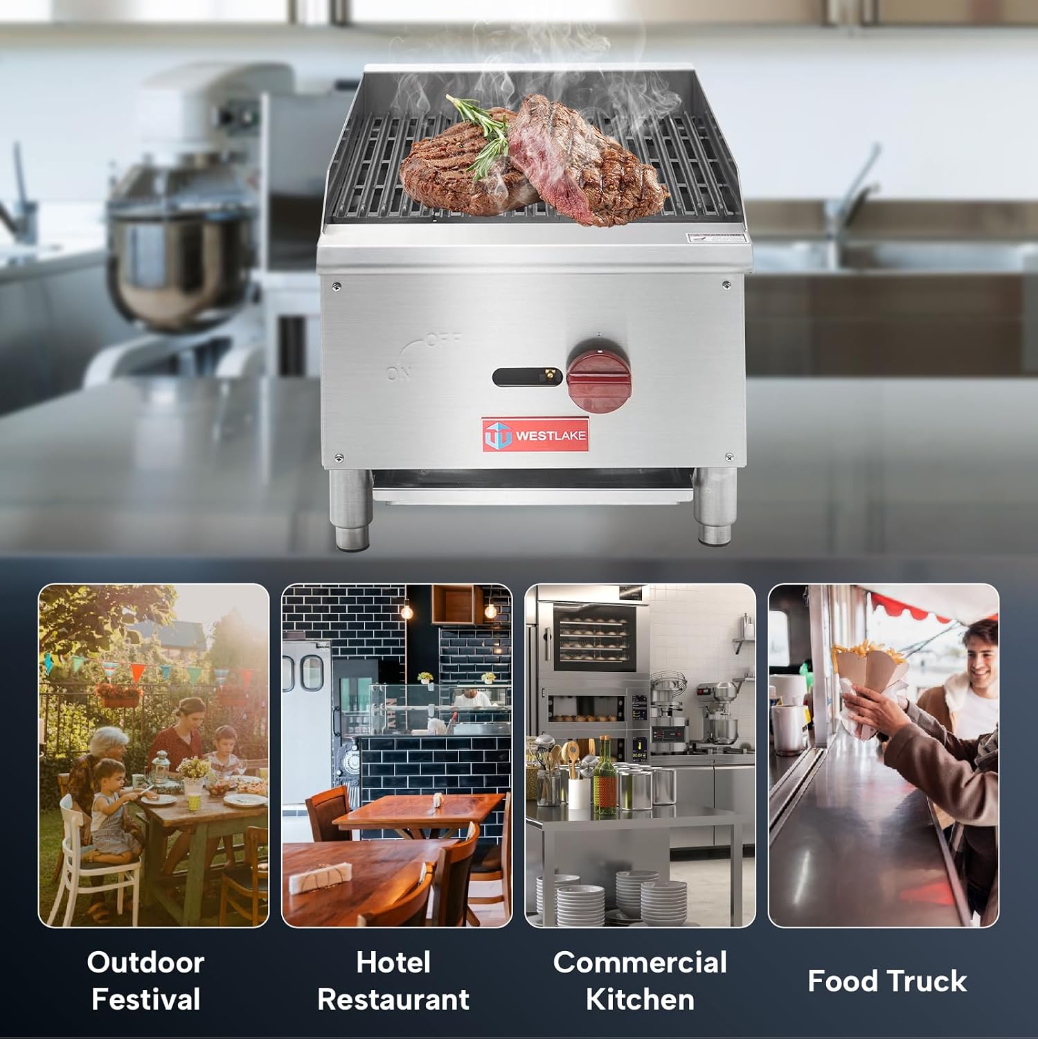 WESTLAKE 16'W Commercial Charbroiler Gas Countertop Single Burner Natural Gas and Propane 30,000 BTU Char Broiler Stainless Steel BBQ Stove Grill for Restaurants
