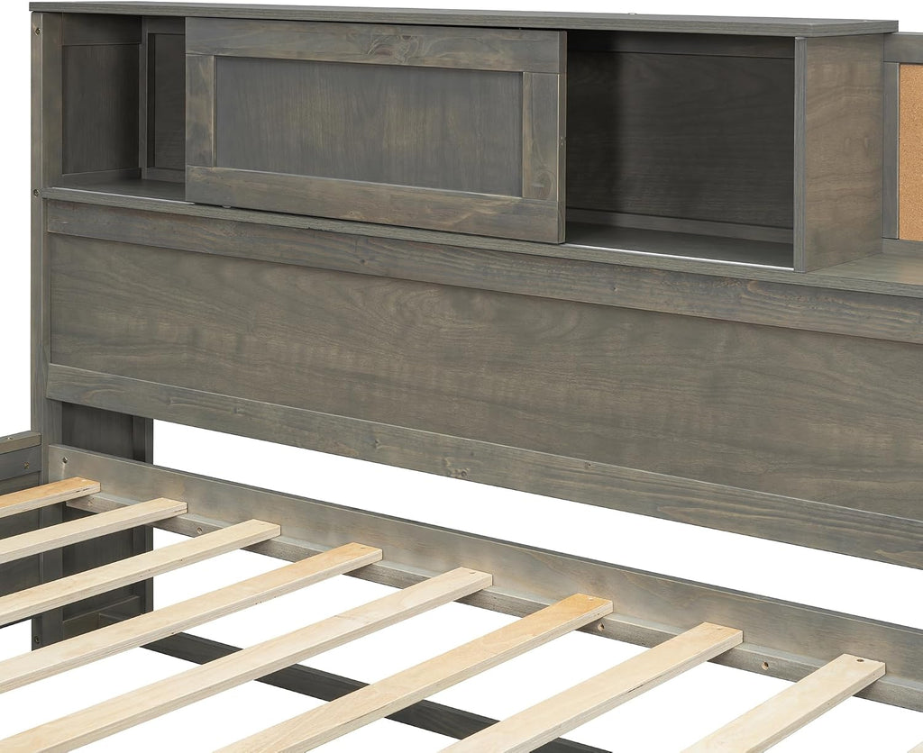 Wooden Daybed with 3 Storage Drawers, Upper Soft Board, Shelf, and a Set of Sockets and USB Ports, Twin Size, Gray