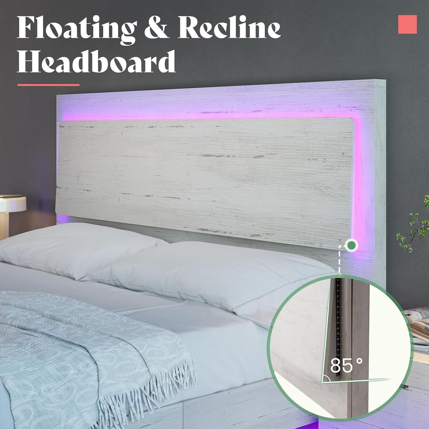 AMERLIFE King Floating Bed Frame, Farmhouse Bed Frame with Recline Headboard, No Box Spring Needed/Noise Free, Platform Bed with LED Light, Distressed White