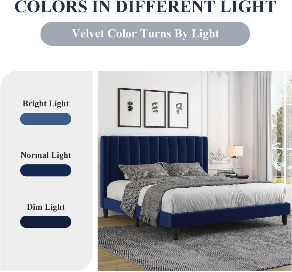 Allewie Full Platform Bed Frame/Velvet Upholstered Bed Frame with Vertical Channel Tufted Headboard/Strong Wooden Slats/Mattress Foundation/Box Spring Optional/Easy Assembly/Navy Blue