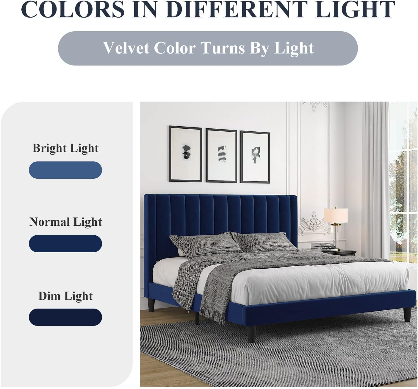 Allewie Full Platform Bed Frame/Velvet Upholstered Bed Frame with Vertical Channel Tufted Headboard/Strong Wooden Slats/Mattress Foundation/Box Spring Optional/Easy Assembly/Navy Blue