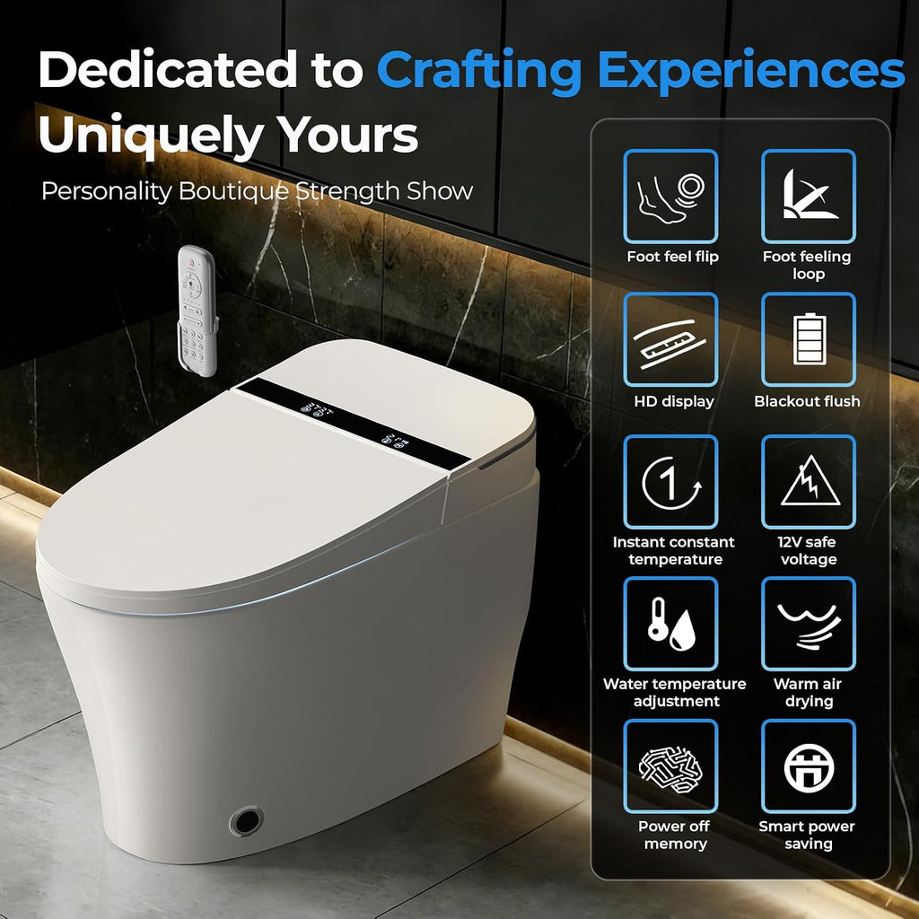 Smart Toilet With Built-in Tank Bidet, Heated Seat & Foot Sensor, Tankless Modern Elongated Electric Toilet with Warm Water Wash, Air Dryer, LED Display & 1.28 GPF