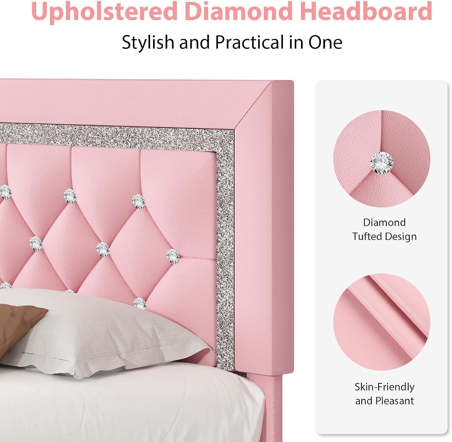 BarnFurin Full Size Bed Frame with Tufted Button Headboard, Upholstered Platform Bed Frame with Diamond Design, Wood Slat Support, No Box Spring Needed, Easy Assembly, Pink