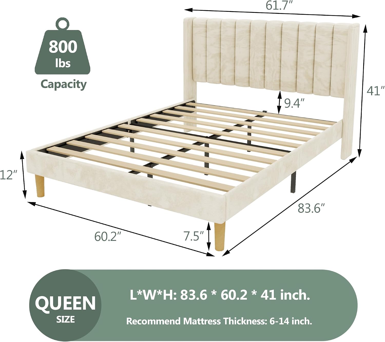 alazyhome Platform Bed Frame Queen Size with Upholstered Headboard, Solid Wood Slats Support, No Box Spring Needed, Noise Free, Easy Assembly, Modern Velvet Bed, Beige