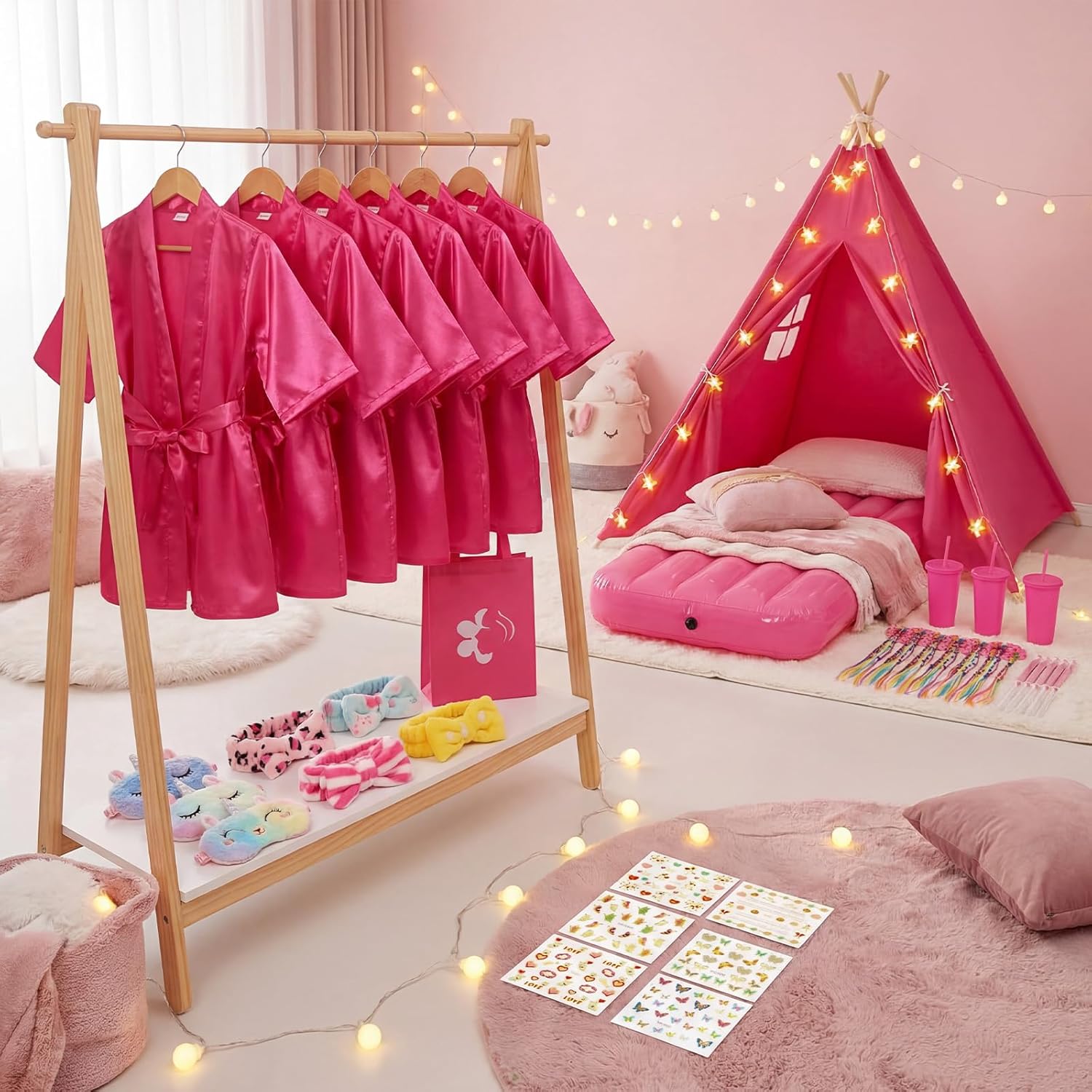 6 Set Sleepovers Teepee Tents Spa Slumber Party Robes Supplies Bulk with Inflatable Airbed and Light String, Birthday Favors Gift Indoor Outdoor (Complete,6 Rose Red)