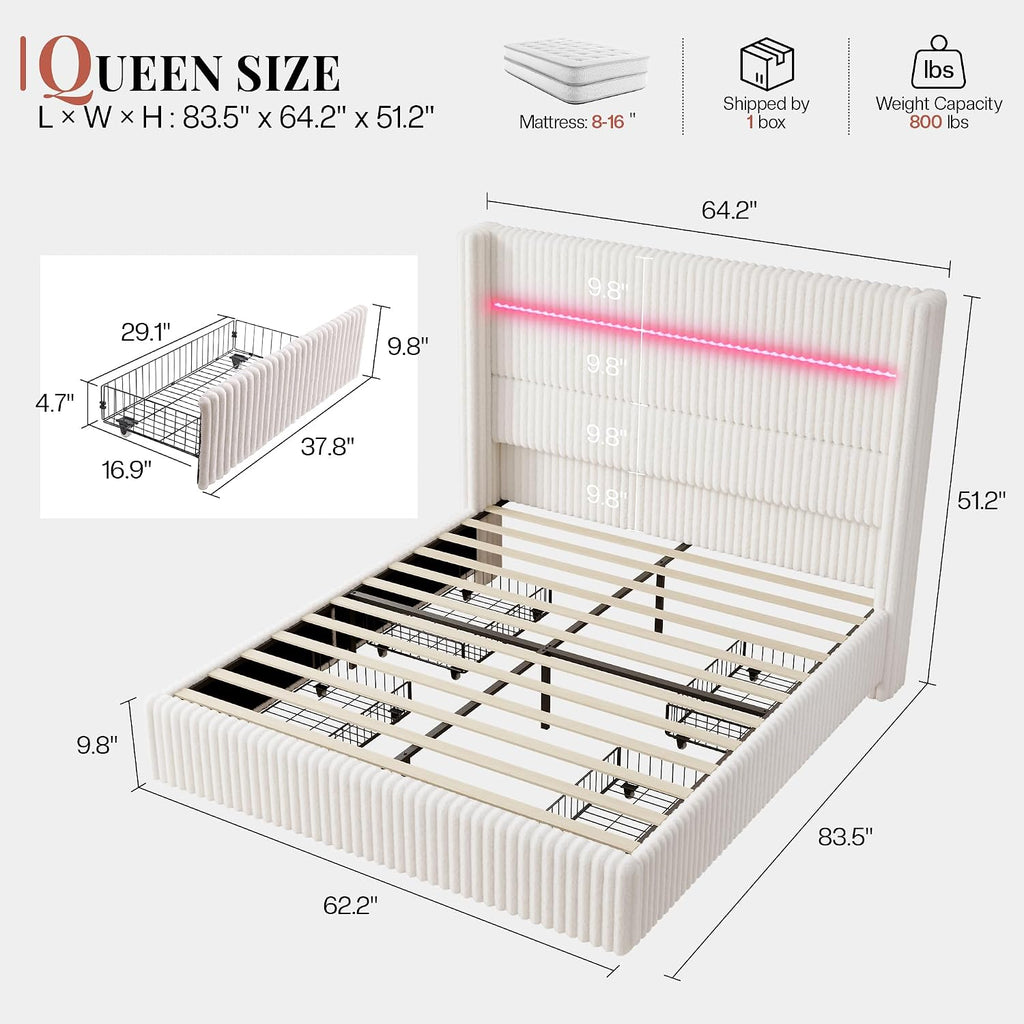 Jocisland Queen Size Corduroy Upholstered Bed Frame with 4 Storage Drawers & 51.2' Tall Wingback Headboard, LED Platform Bed with Charging Station, Easy Assembly, No Box Spring Needed, White