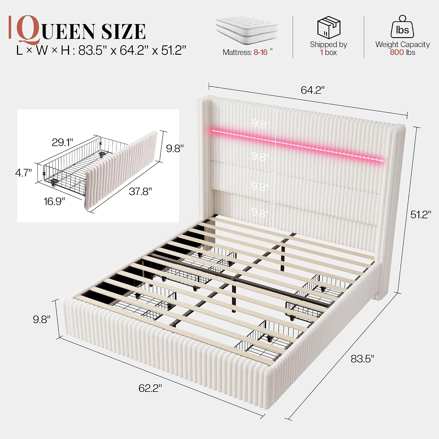 Jocisland Queen Size Corduroy Upholstered Bed Frame with 4 Storage Drawers & 51.2' Tall Wingback Headboard, LED Platform Bed with Charging Station, Easy Assembly, No Box Spring Needed, White