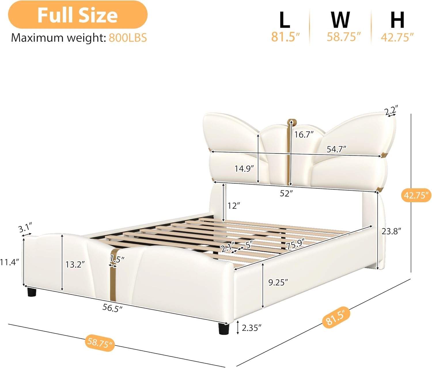 Merax PU Leather Upholstered Platform Bed with Butterfly Shaped Headboard and Footboard, Full Size Bed Frame for Bedroom, Solid Wood Slats Support, No Box Spring Needed, Easy Assembly, Beige