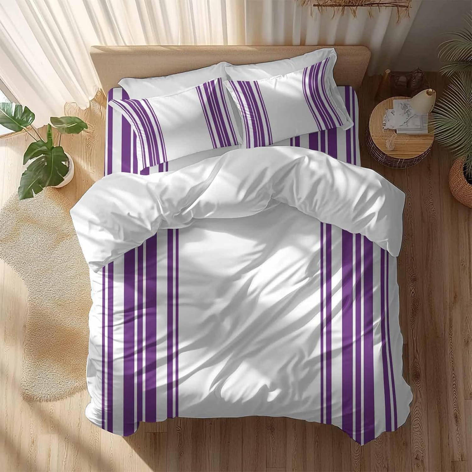 Dark Purple and White Striped Duvet Cover Set Queen Size 4 Pieces Modern Minimalist Vertical Lines Bedding Set with Zipper Closure, 1 Comforter Cover 86x86 Inches 1 Flat Sheet & 2 Pillow Cases